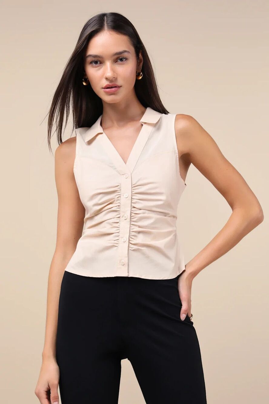 Lulus Button Up Top Womens Beige Ruched Sleeveless Decidedly Poised Office NWT